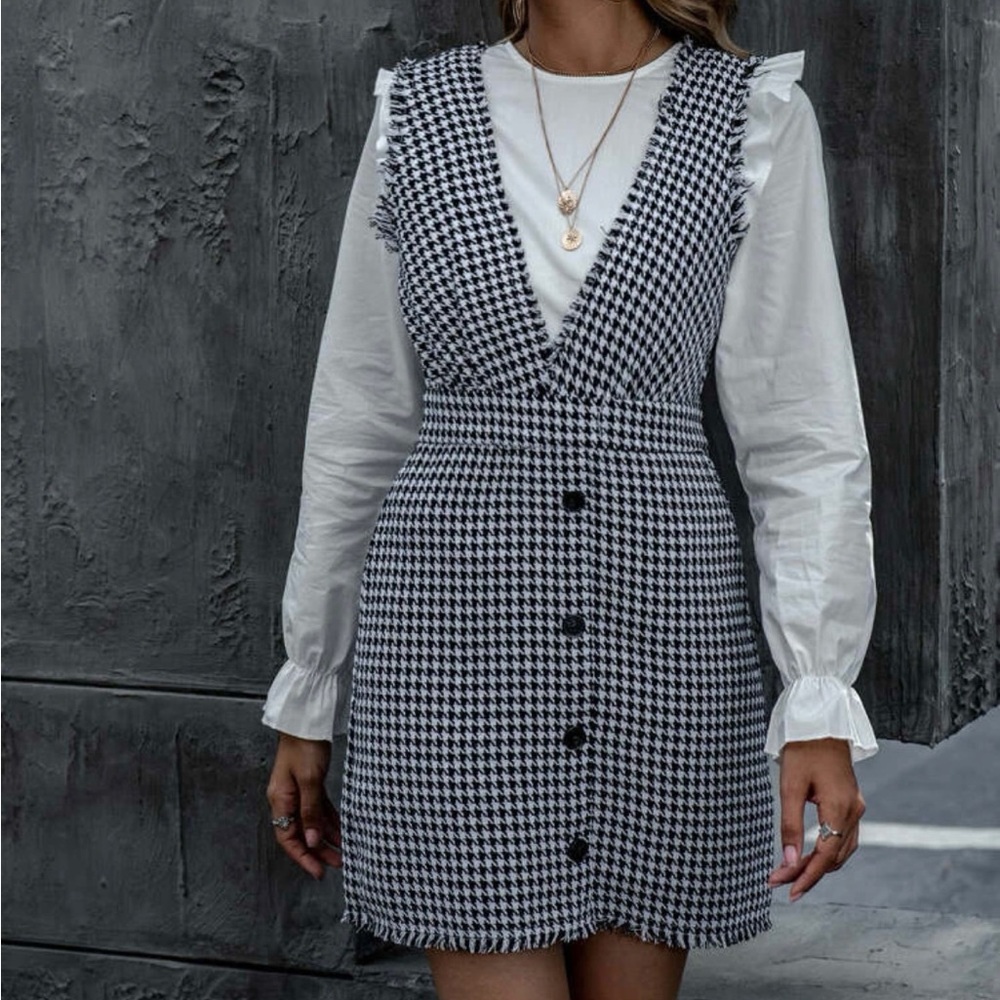 Button Front Raw Hem Houndstooth Dress